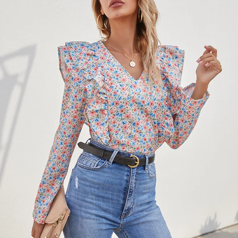 

2021 Autumn Ruffle Printed Small Floral Long Sleeve Shirt