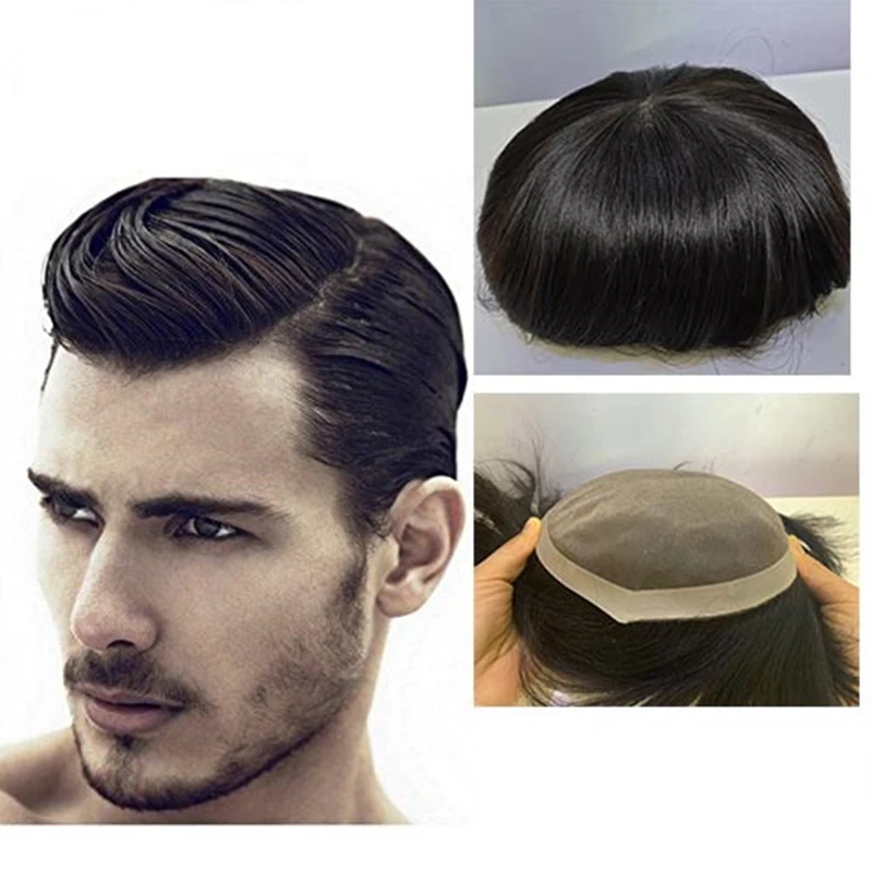 HairPiece Wig Men Toupee Human Hair Natural Handmade Mens Toupee Soft Thin Super Lace Mono PU Replacement Systems Straight Black