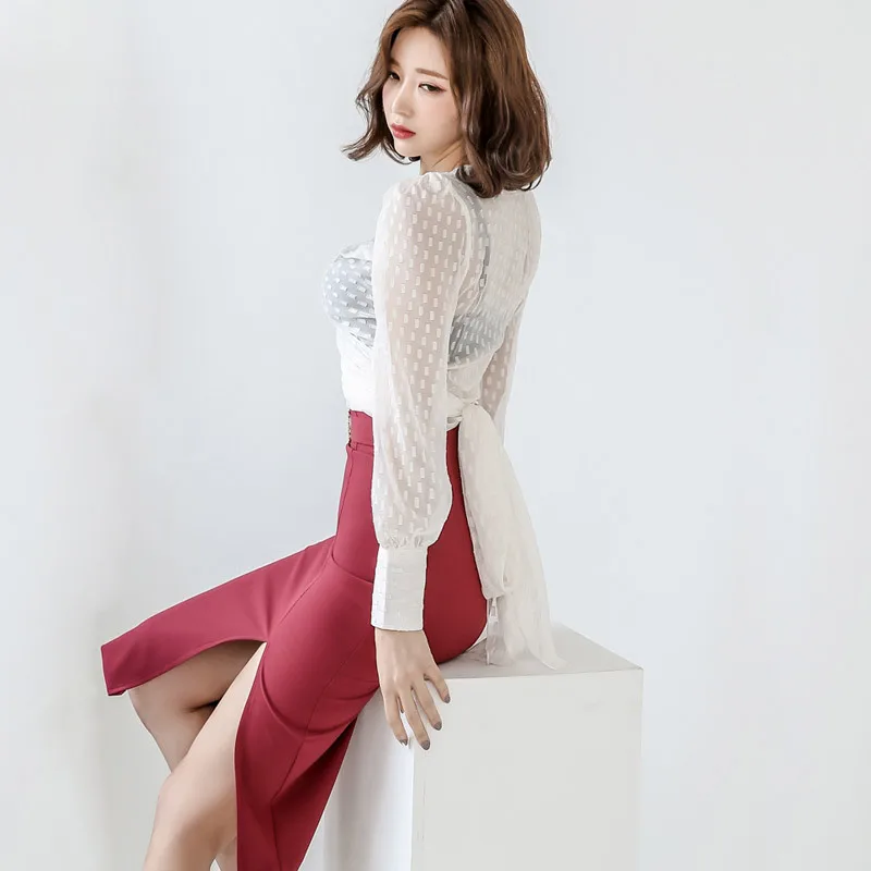 

TVVOVVIN Women's Casual Two-piece Suit 2021 New Spring Perspective Long Sleeve Bandage Shirt High Waist Split Pencil Skirt AJS3