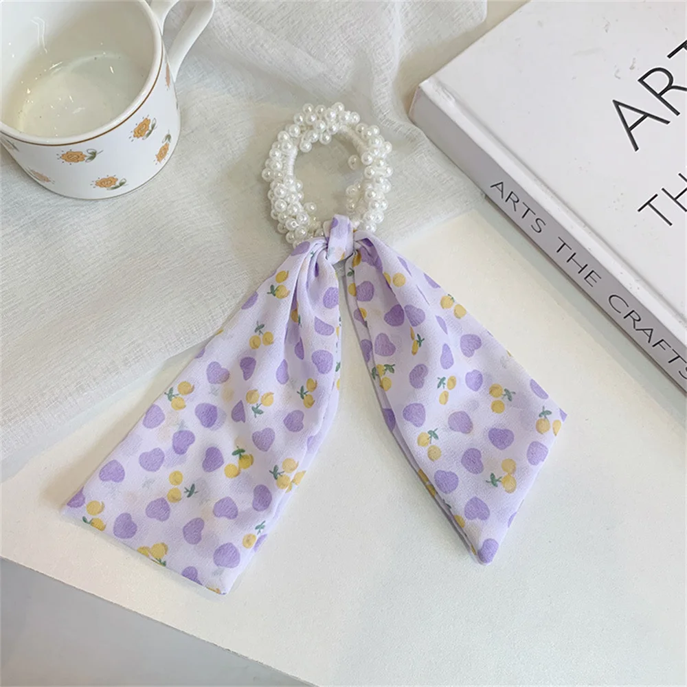 

Pearl Women Hair Bands Flower Hair Scrunchies Streamer Ponytail Holder Hair Ties Retro Rubber Bands Sweet Cute Hair Accessories