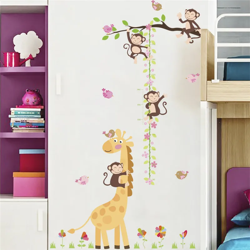 لطيف قرد الزرافة الطيور الحيوانات النمو الرسم البياني ملصقات جدار لصائق للأطفال غرفة رياض الأطفال ديكور المنزل سفاري جدارية الفن