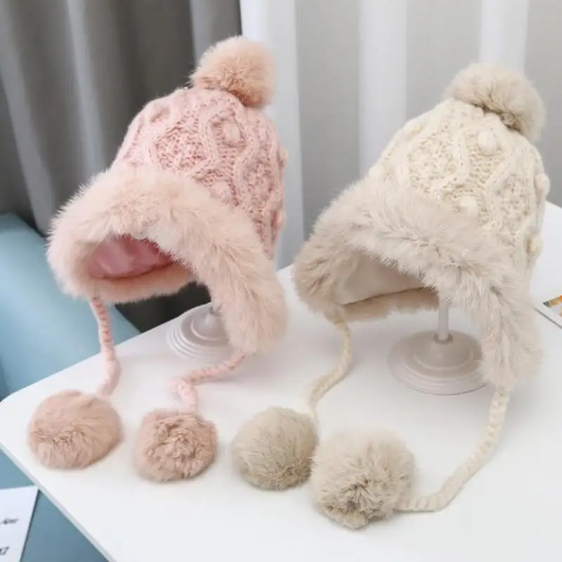 

Children Autumn Winter Wool Ball Knited Caps Baby Kids Fashion Warm Ear Protection Hat