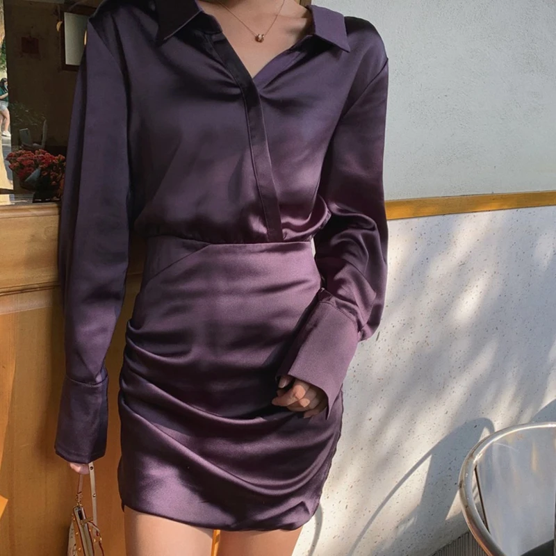 

Purple Sexy Mini Dress Women 2021 Spring And Autumn Wrap Hip Short Dress V-Neck Long-Sleeve High-Waist Dress Female