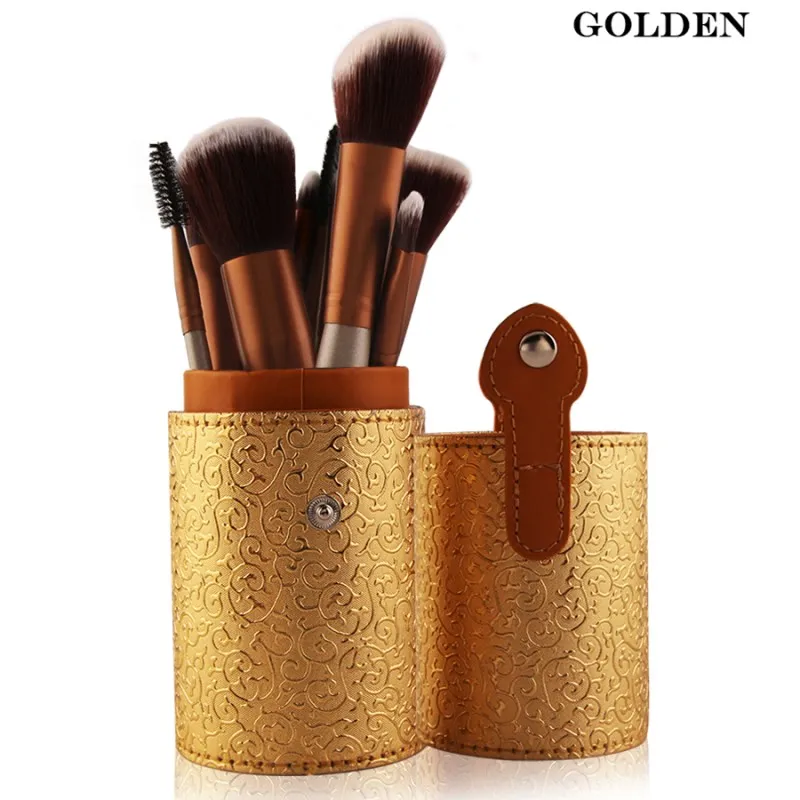 Professional 12Pcs Makeup Brushes Kit Studio Holder Tube Convenient Portable Leather Cup Natural Hair Synthetic - Handle Color: Золотой