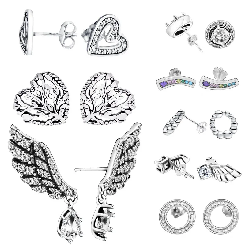 

Pan Fashion 925 Sterling Silver Stud Earrings Sparkling Angel Wing Heart earrings for Women Jewelry