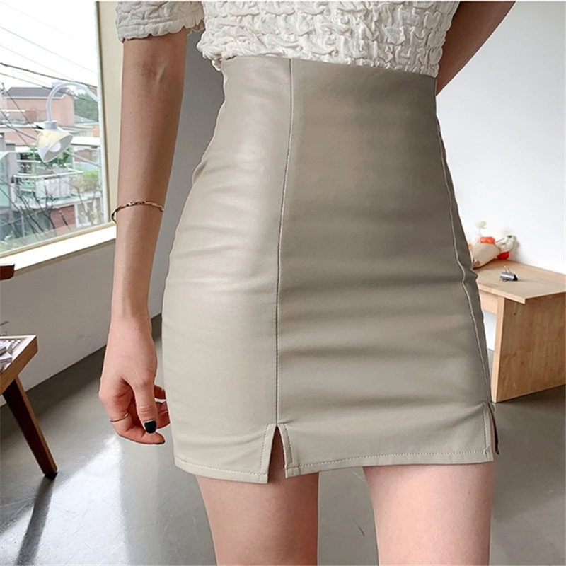 

Two Piece Set 2020 Autumn New Korean Style Sweet Pleated Puff Sleeve Stand Collar Tops + High Waist Slim A-Line Leather Skirt