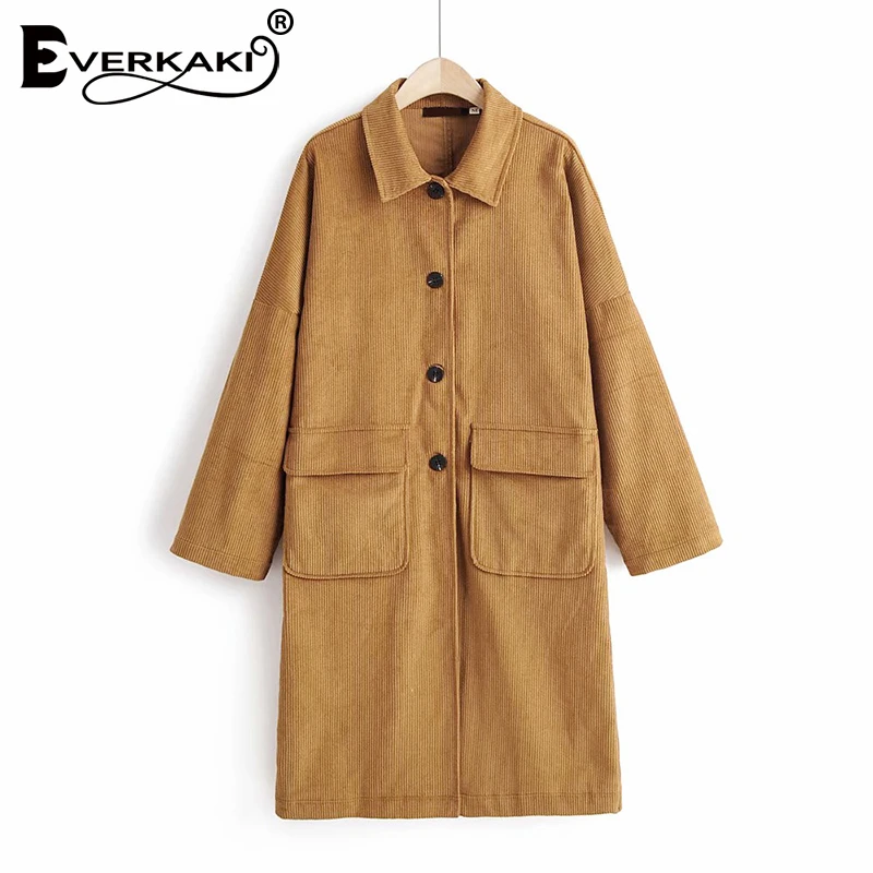 Женское вельветовое пальто Everkaki осенне-зимнее однотонное в стиле бохо с
