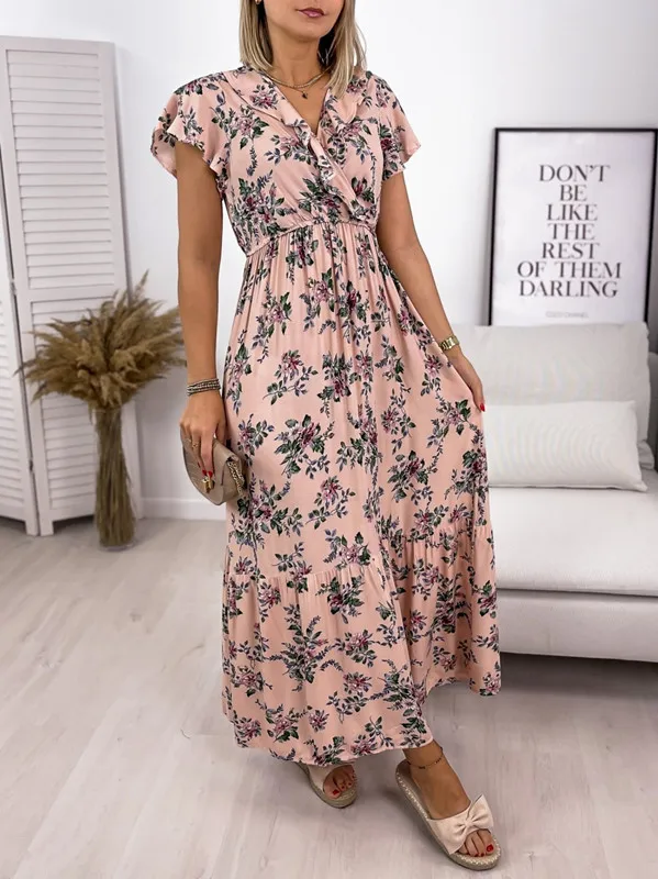 

2021 summer new style waist printed ruffled short-sleeved long dress