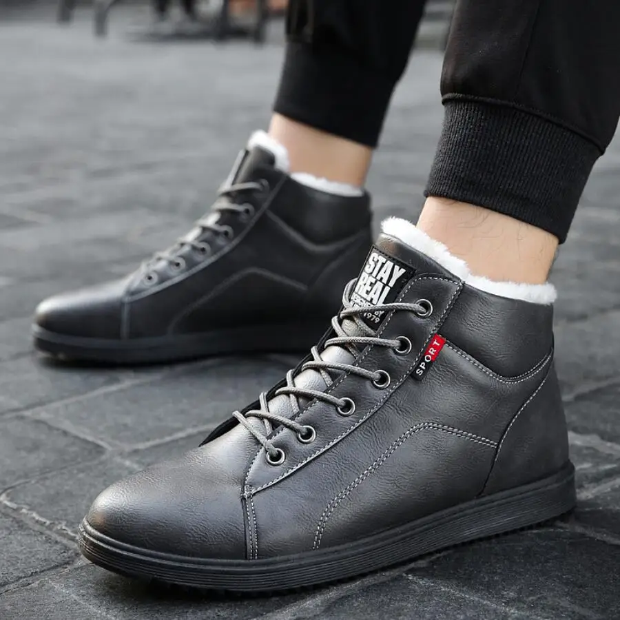 Мужские зимние кожаные ботинки черные теплые кроссовки до щиколотки Рабочая