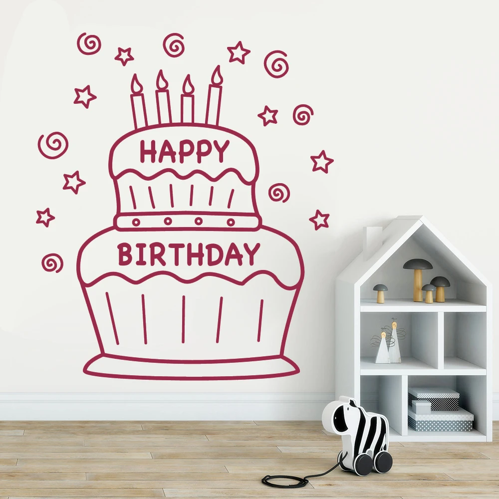 

Wall Decal Happy Birthday Decor Cake Mural For Kids Girls Bedroom Stickers Vinyl Party Livingroom Decoration Poster HJ094