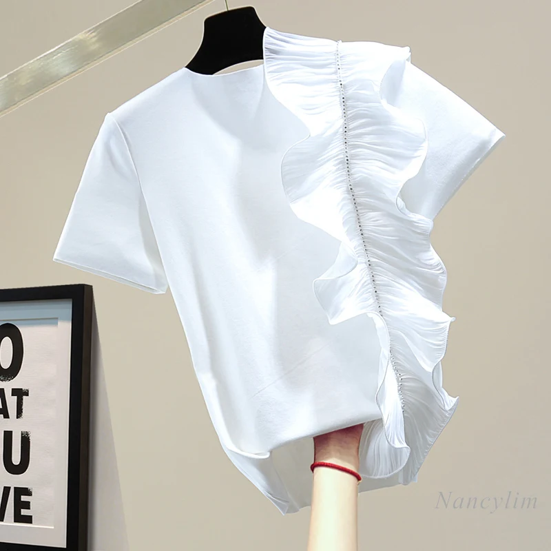 

Ruffled Pleated Stitching Diamond T Shirts for Women 2021 Summer Korean Style Solid Color Casual Short Sleeve Stretch Tops