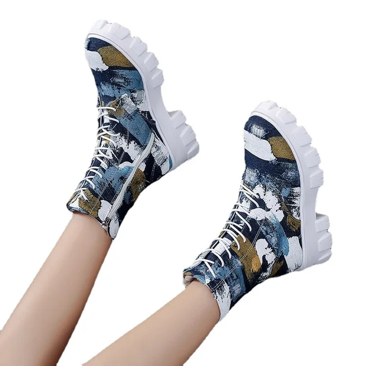 

Женские джинсовые ботинки на платформе, повседневные ботильоны из денима, на шнуровке, с круглым носком, на массивном каблуке, 2021