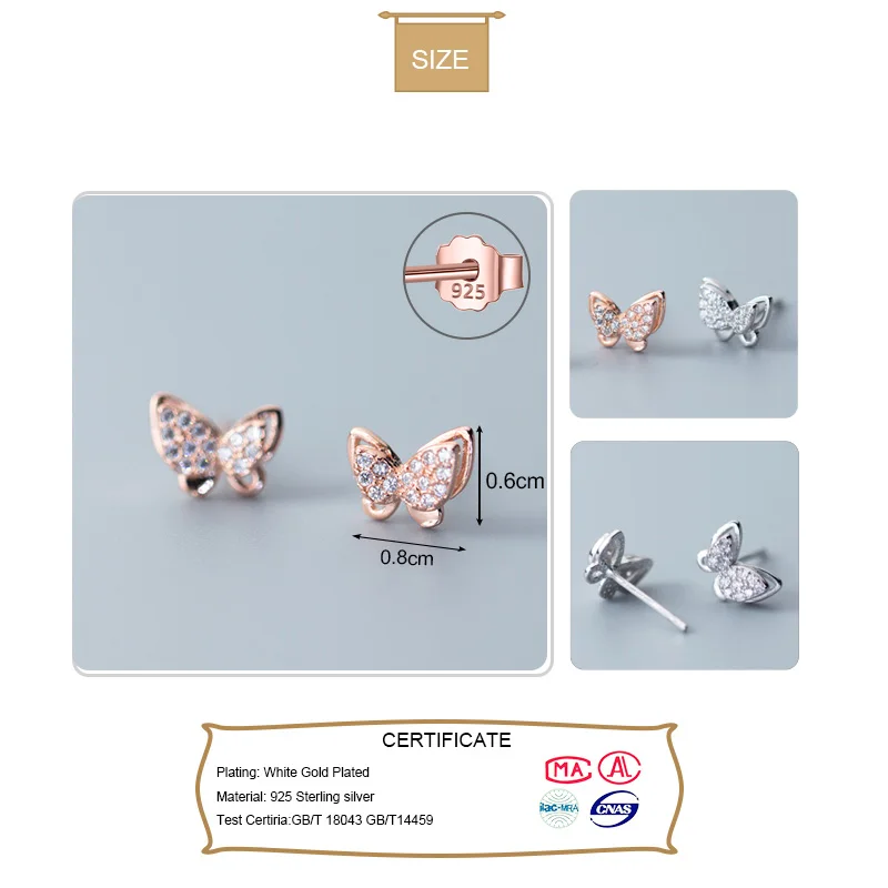 Trustdavis Настоящее серебро 925 пробы женская мода CZ бабочка серьги-гвоздики подарок