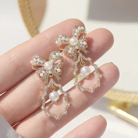 elegant hollow bowknot pearl earrings for women inlaid aaa zircon temperament stud earring wedding bridal jewelry accessories