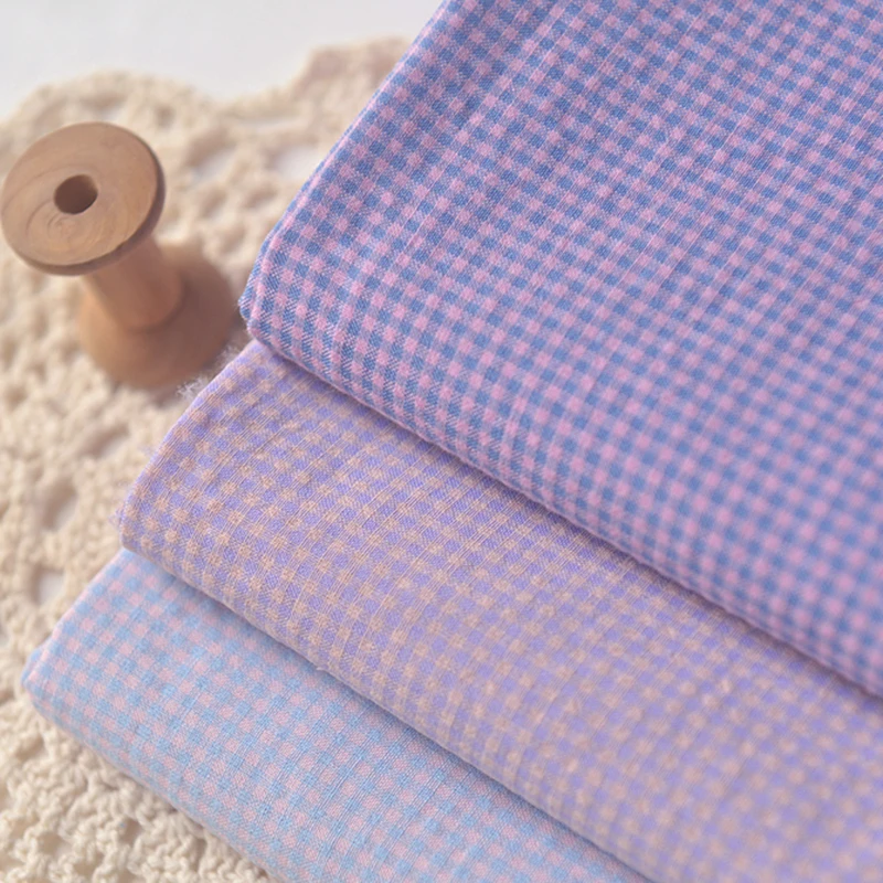 

Purple Small Lattice Polyester Cotton Fabric Ins Style Dress Shirt Short Pants Clothing Handmade DIY Fabric