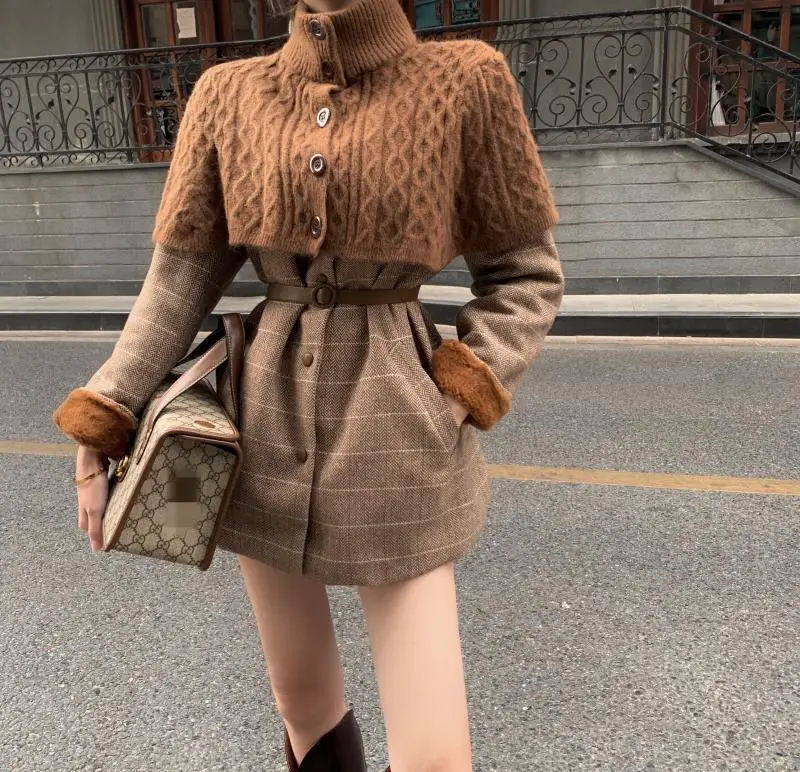 

Hstar Hot Autumn Faux Woolen Coat Plush Thicken Shawl Plaid Coat Sense of Design Fashion Sashes All-match Warm