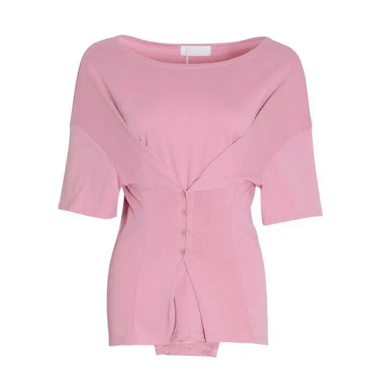CHICEVER, летняя повседневная однотонная трикотажная женская футболка, косой воротник, короткий рукав, необычная пуговица, высокая талия, женская верхняя одежда, новинка