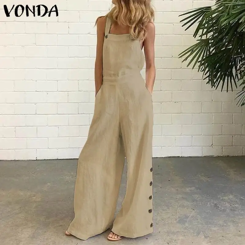 

Linen Overalls 2023 VONDA Female Solid Party Playsuits Femme Office Overalls Women Jumpsuits Femininas S-