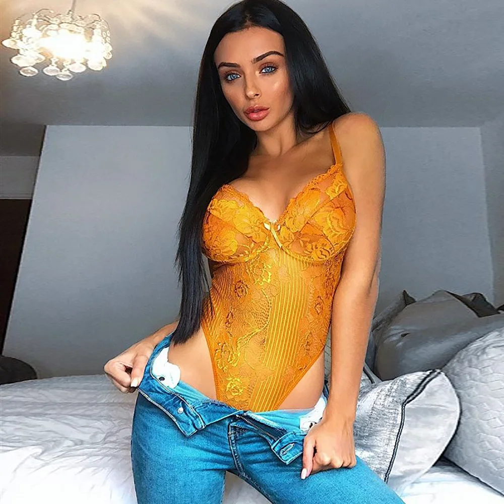 

Women Lace Bodysuits Sleeveless Backless Sling Perspective Women Deep V Sheer Sexy Jumpsuit Hollow Out Body Summer 2021 New Gift