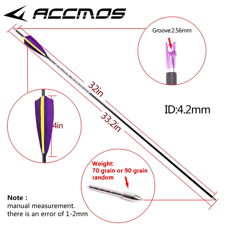 

6pcs Spine 800 / 900 / 1000 /1100 Pure Carbon Turkey Feather Arrow ID 4.2mm Archery For Recurve Bow Shooting