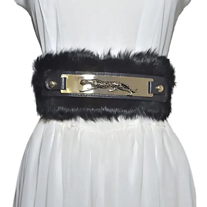

Women's runway fashion natural rabbit fur elastic Cummerbunds female Dress Corsets Waistband Belts decoration wide belt R2264