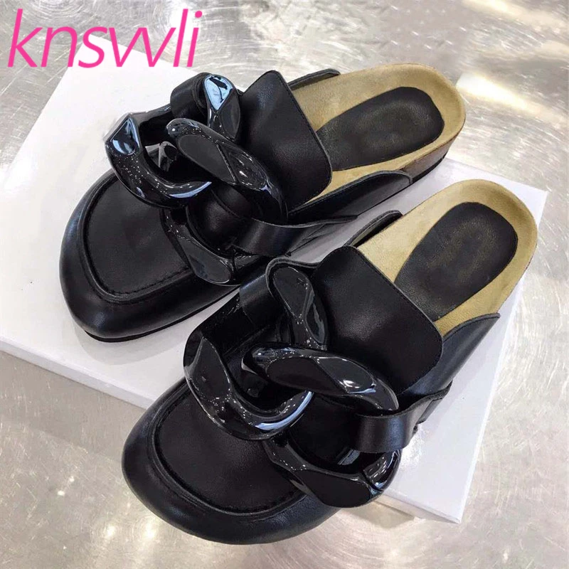 

Designer Women Slippers Metal Chain Decorate Mules Woman Round Toe Genuine Leather Autumn Slides Casual Flat Zapatos De Mujer