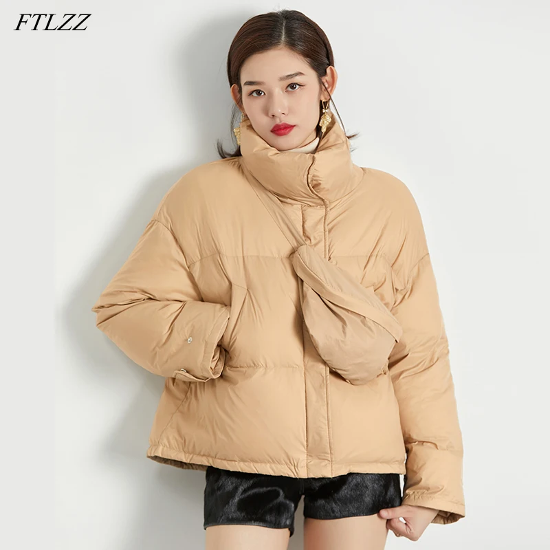 

FTLZZ Winter New Coat Stand Collar Light Feather Short Jacket Women Fluffy Warm White Duck Down Parker Fashion with Belt Outwear