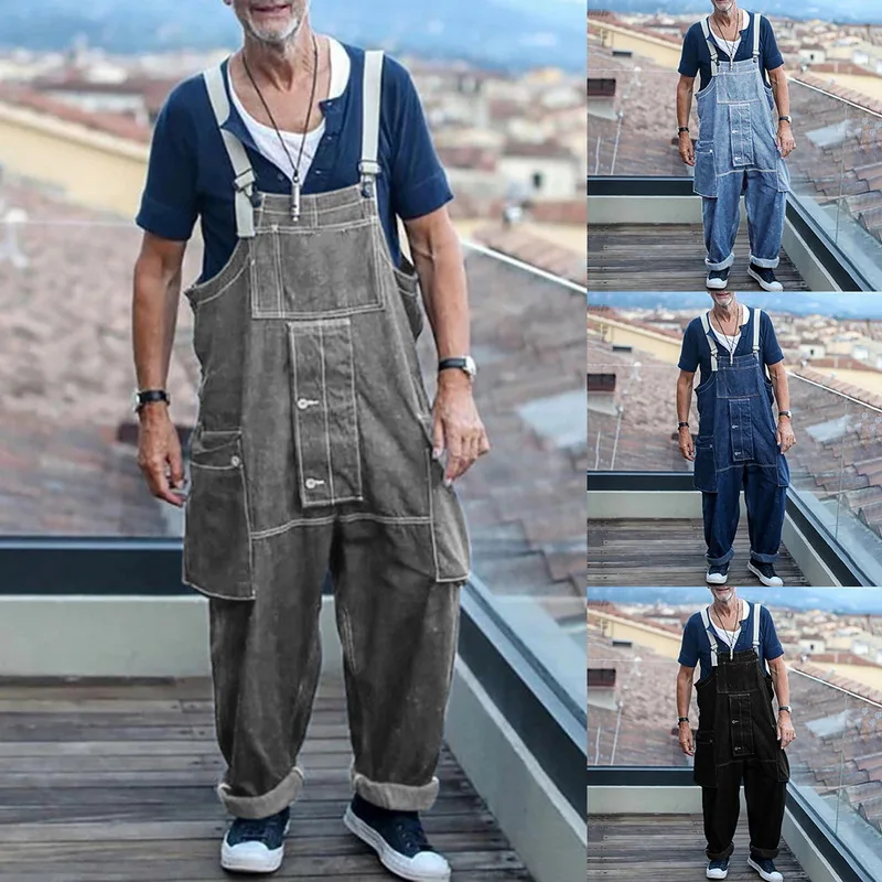 

2020 Fashion Adisputent Men Jeans Jumpsuits Casual Summer Men's Blue Solid Pocket Button Loose Straight Full Length Straps Jeans