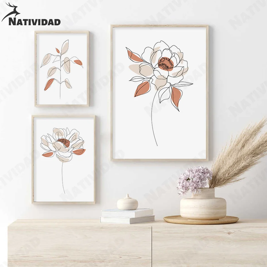 

Simple Flower Sketch Canvas Painting Art Decoration Modern Flower Line Beige Poster Bedroom Living Room Home Decoration Wall