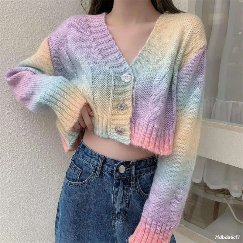 

Rainbow Sweater Women Korean Version Of The Early Autumn 2021 New Soft Waxy Color Matching Lazy Style V-Neck Outer Wear T2