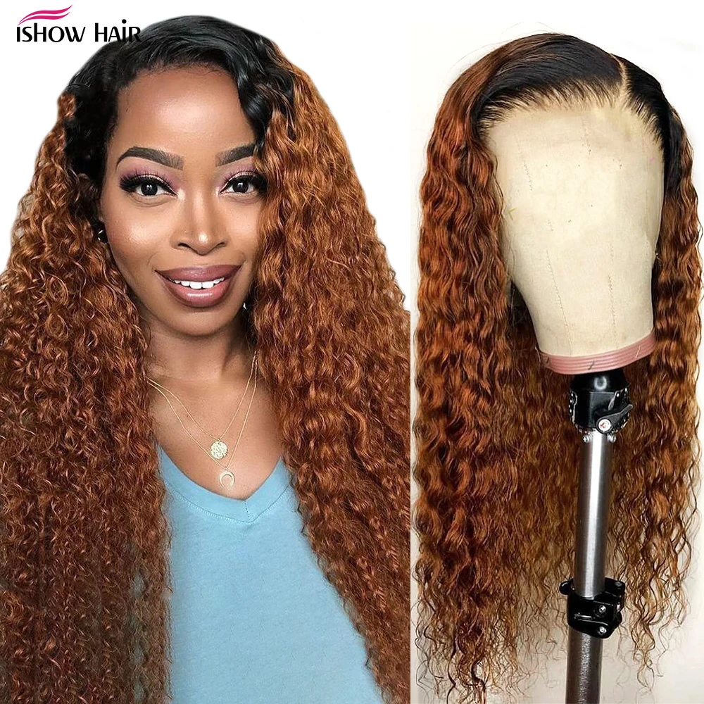 

Парик Ishow 1B30 # с эффектом омбре на сетке спереди, парик из кудрявых человеческих волос, предварительно выщипанный коричневый 13x 4, парик на сет...