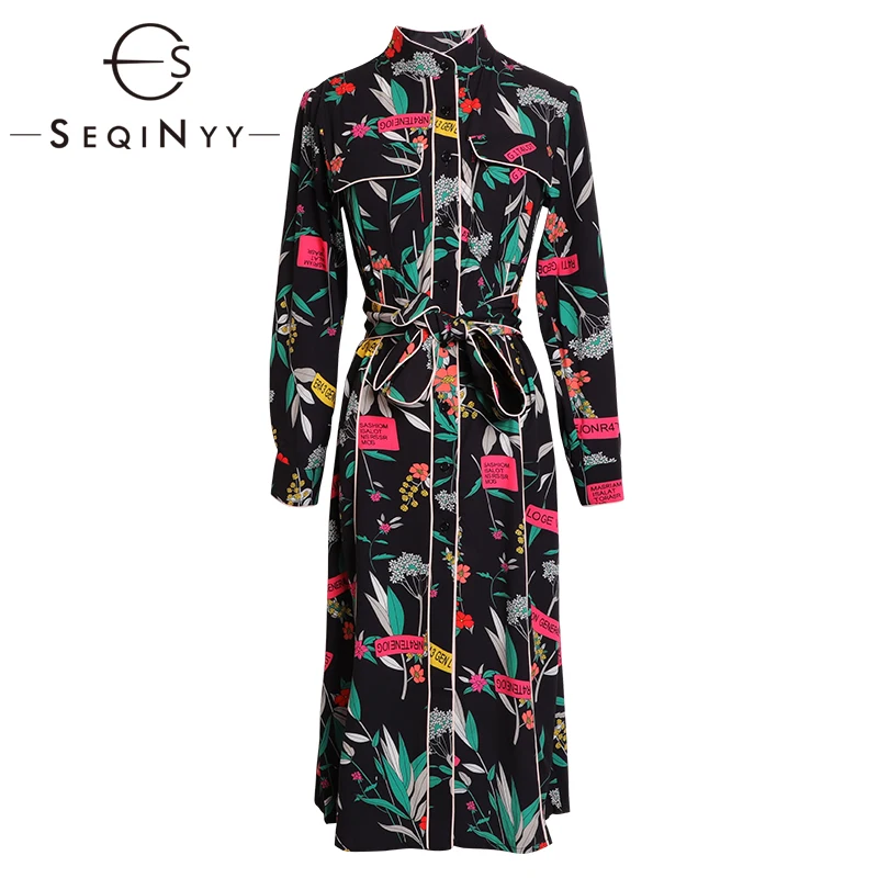 SEQINYY Black Dress 2020 Early Spring New Fashion Design Women Long Sleeve Flowers Letter Print Midi Dress Casual