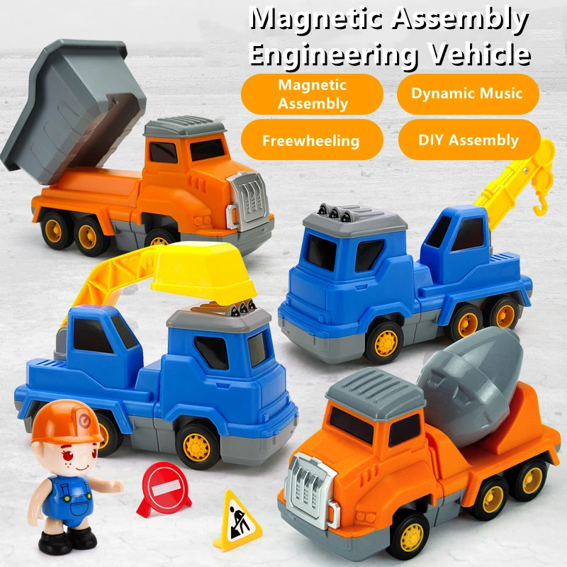 

Magnetic Assembly Engineering Truck Set Multifunctional DIY Assemble Friction Function Cool Sound Effect Children's Puzzle Toys