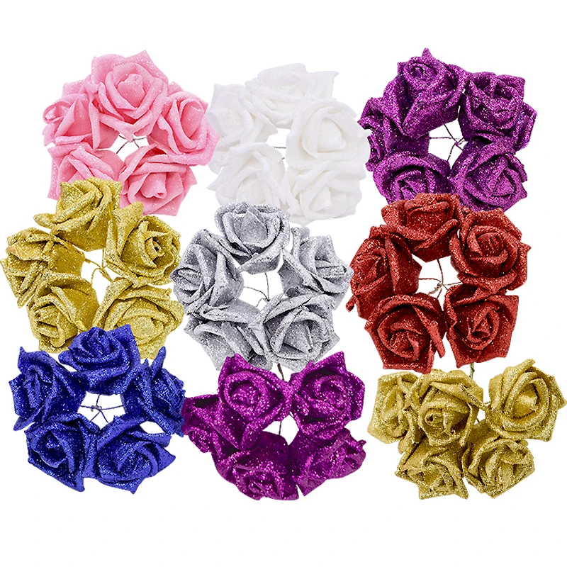 Roses artificielles en mousse à paillettes  10/20 pièces  fausses fleurs pour Bouquet de mariée