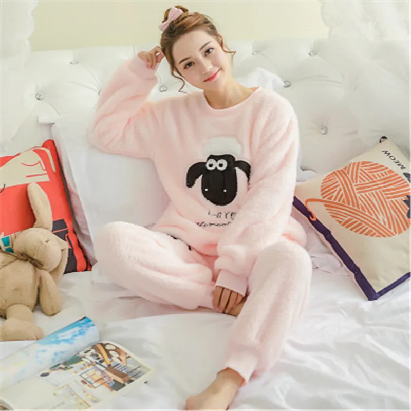 2021 New Women Pajama Sets Autumn Winter Pajamas Flannel Cartoon Thick Warm Women Sleepwear Cute Animal Female Homewear
