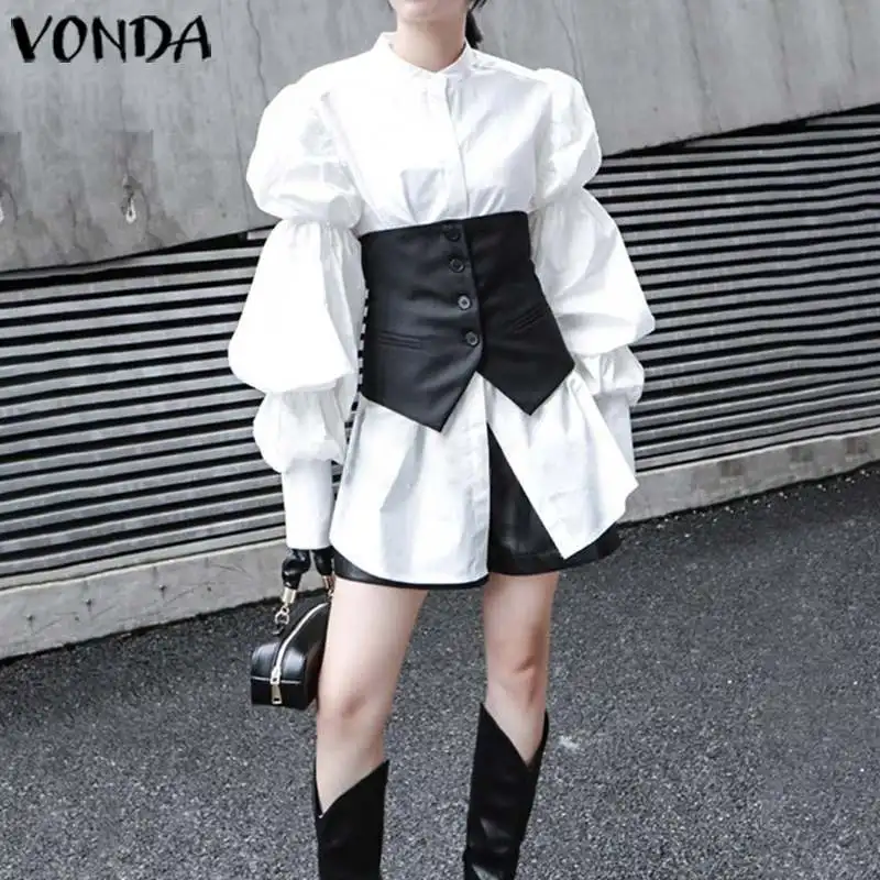 VONDA женская блузка размера плюс Ретро стиль длинный рукав-фонарик воротник с