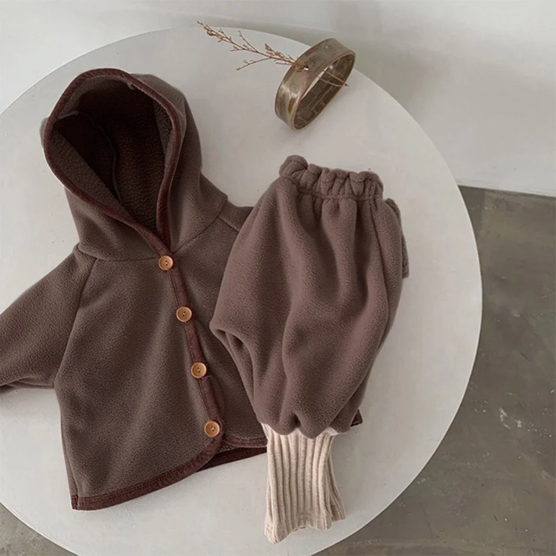 

WIND 2020 Winter Baby Clothing Fur Lining Infant Boys Suit Hoodies Coat Full Length Pants 2 Pcs Girls Outfit