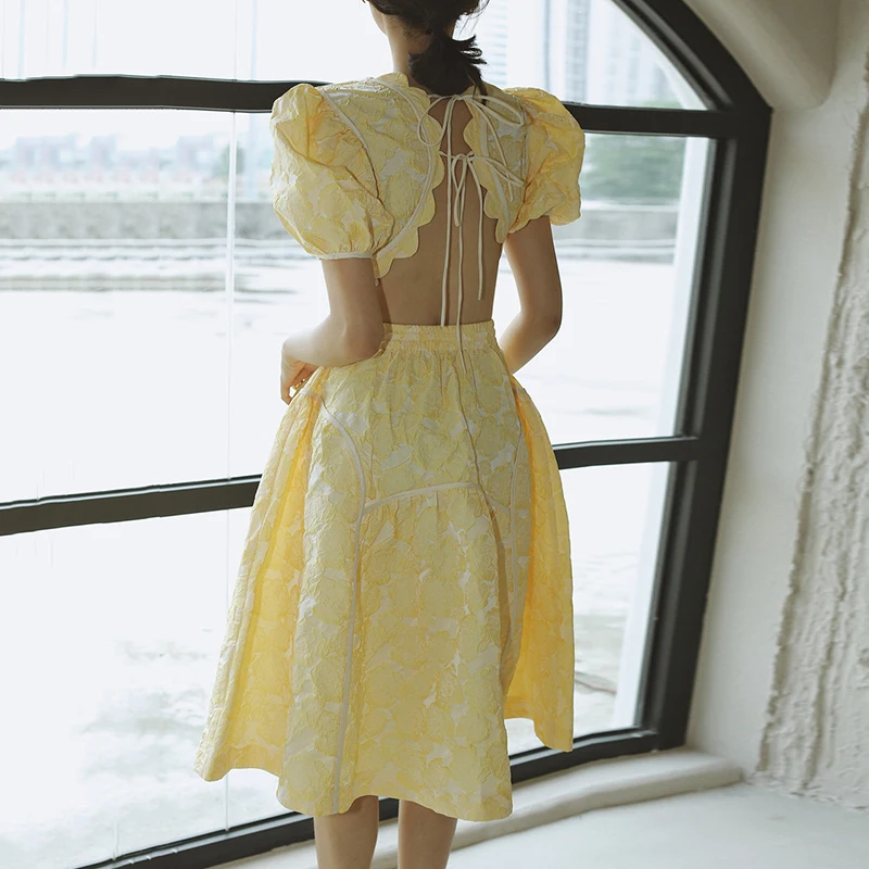 

GALCAUR Print Two Piece Set Women O Neck Puff Sleeve Lace Up Backless Shirt High Waist Skirts Suit Female 2020 Summer Clothes