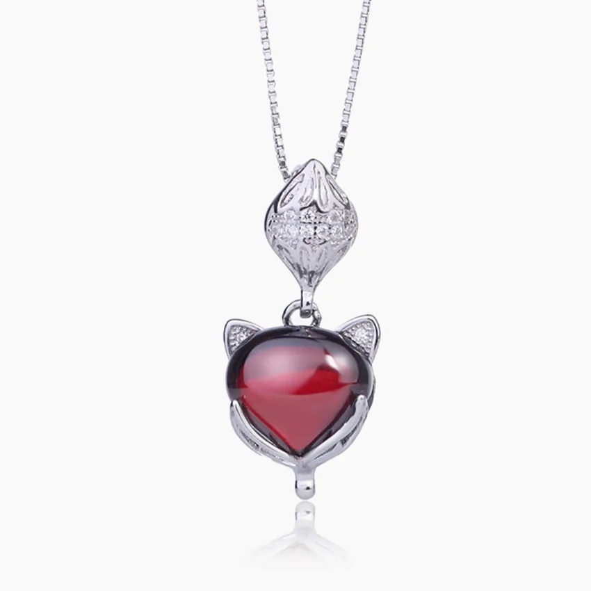 

FYJS Unique Antique Silver Plated Lovely Fox Garnet Stone Pendant Link Chain Necklace for Women Jewelry
