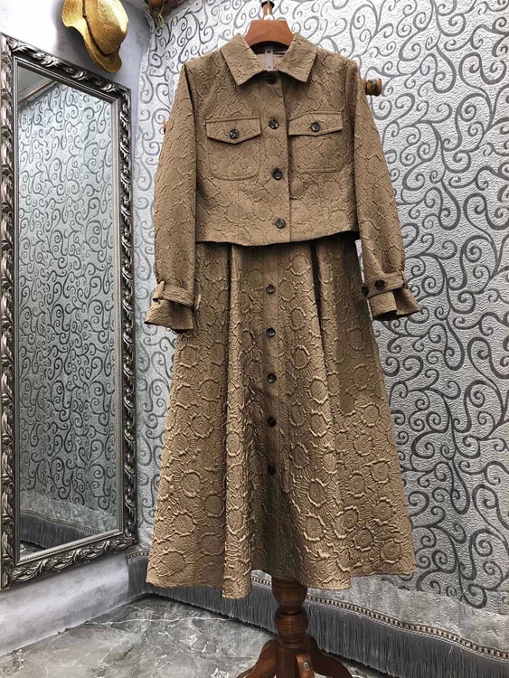 

2021 new women fashion lapel long sleeve short jacket + jacquard half skirt casual suit 921