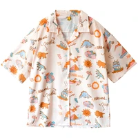 new korean fashion women chiffon blouse for summer cotton dinosaurs full print ladies loose shirt tops preppy style