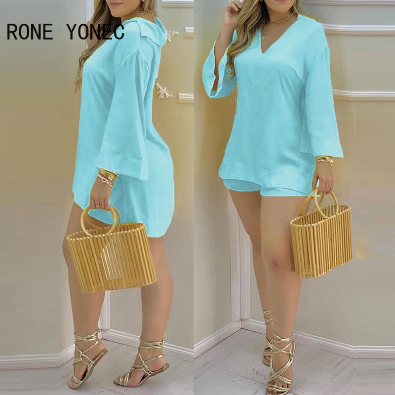 Women Two Piec Set Solid Plain Bell Sleeve V-Neck Top & Shorts Set Outfit Summer suit images - 6