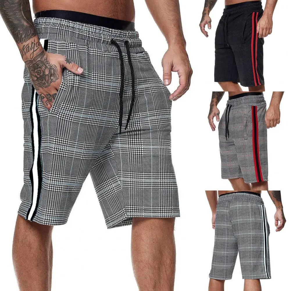 

2021 Summer Men Classic Plaid Summer Beach Shorts, Side Stripe Elastic Waist Short Pants with Pockets Male Fashion Casual Shorts