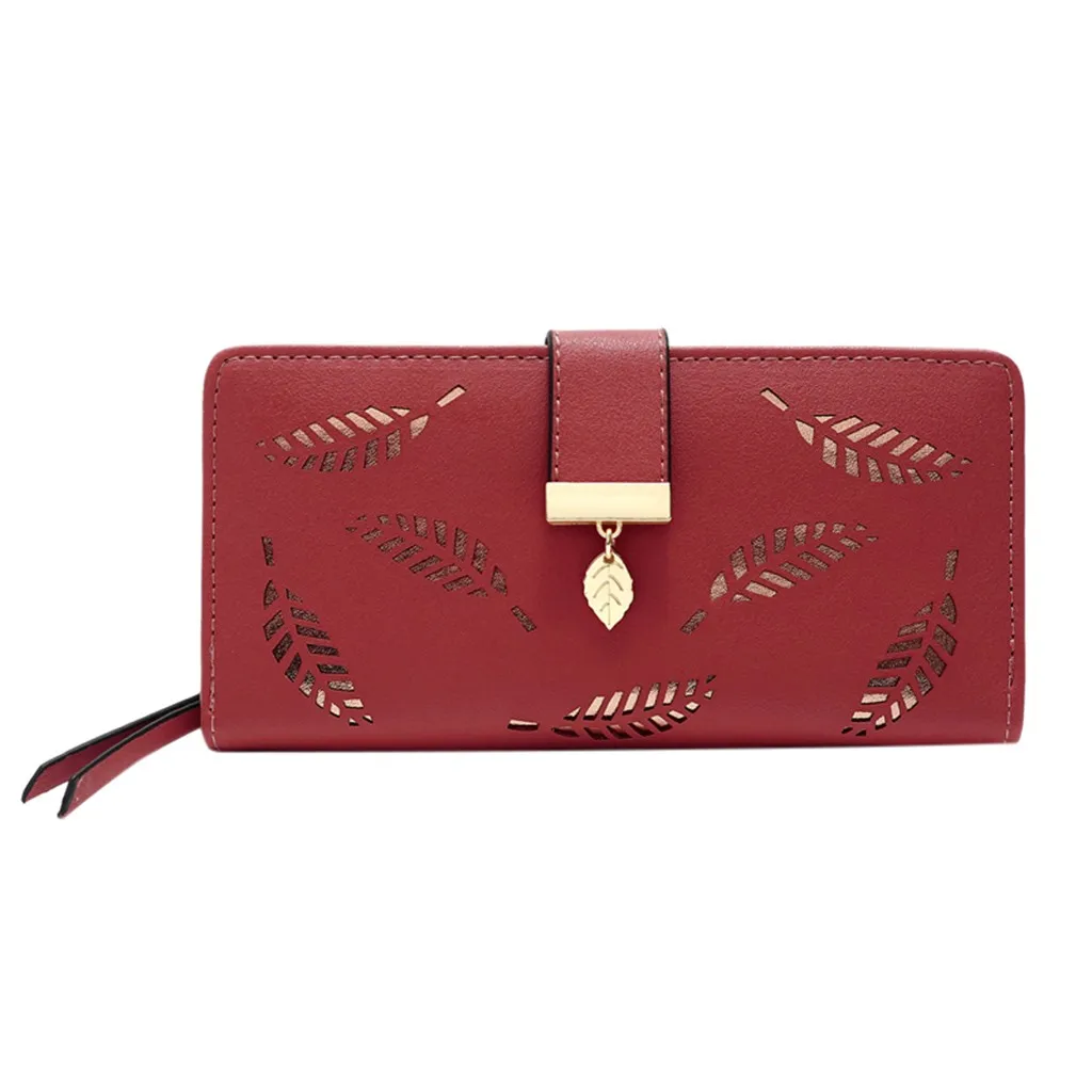 Женский Одноцветный длинный кожаный бумажник с бахромой и полым листом женский