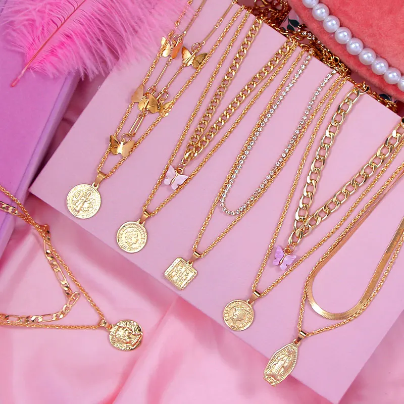 

Trendy BOHO Necklaces For Women Multilayer Portrait Coin Pendants Necklace Butterfly Chokers New 2021 Vintage Charm Jewelry