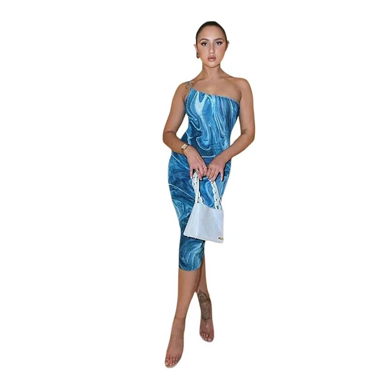 

Nice summer Pop style women's sling sling neck sexy low-cut slim-fit printing and dyeing dress women
