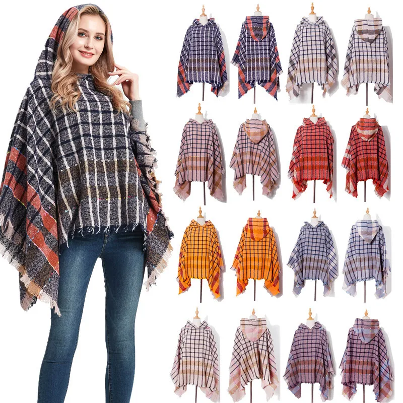 

Luxury New Winter Warm Plaid Ponchos and Capes for Women Loop Yarn Frayed Scarf Lattice Cape with Hood Pullover Oversized Shawls