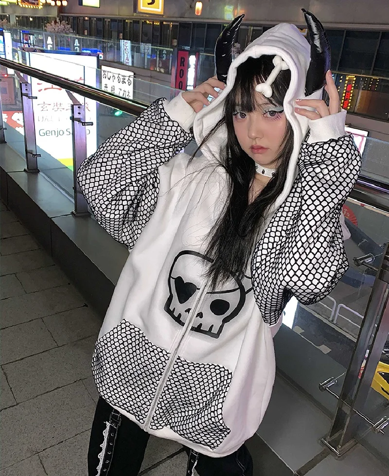 

Hip Hop Streetwear Skull Print Sweatshirt Hoodie Women Autumn Harajuku Style Loose Casual Zip-up Long Sleeve Sweatshirt Punk