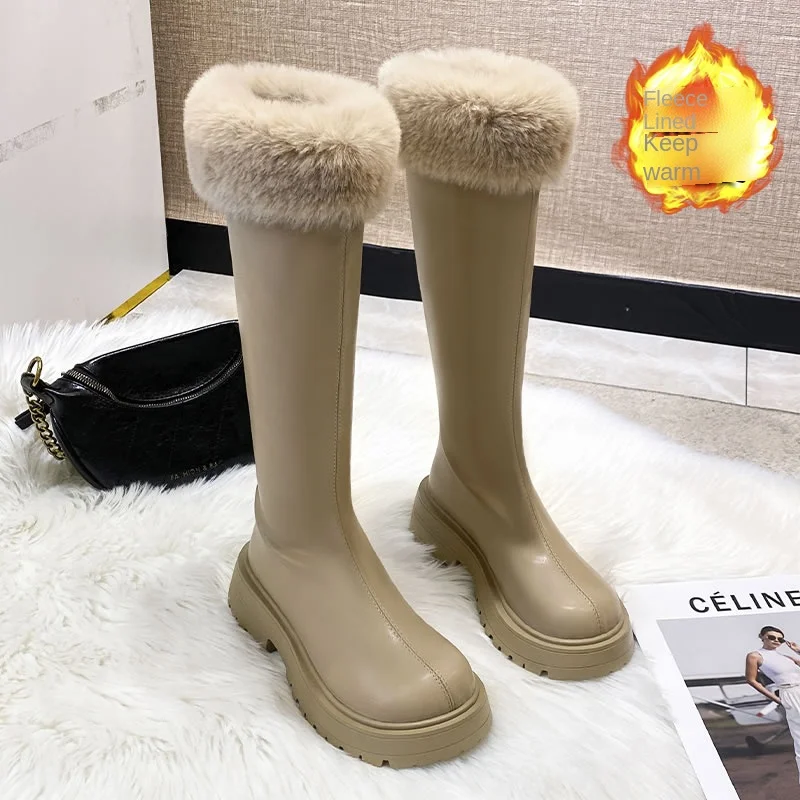 

Women's Boots for Fall/winter 2021 New British Style Plus Cashmere Lamb Cashmere But Knee Thick Bottom Small Tall Knight Boots