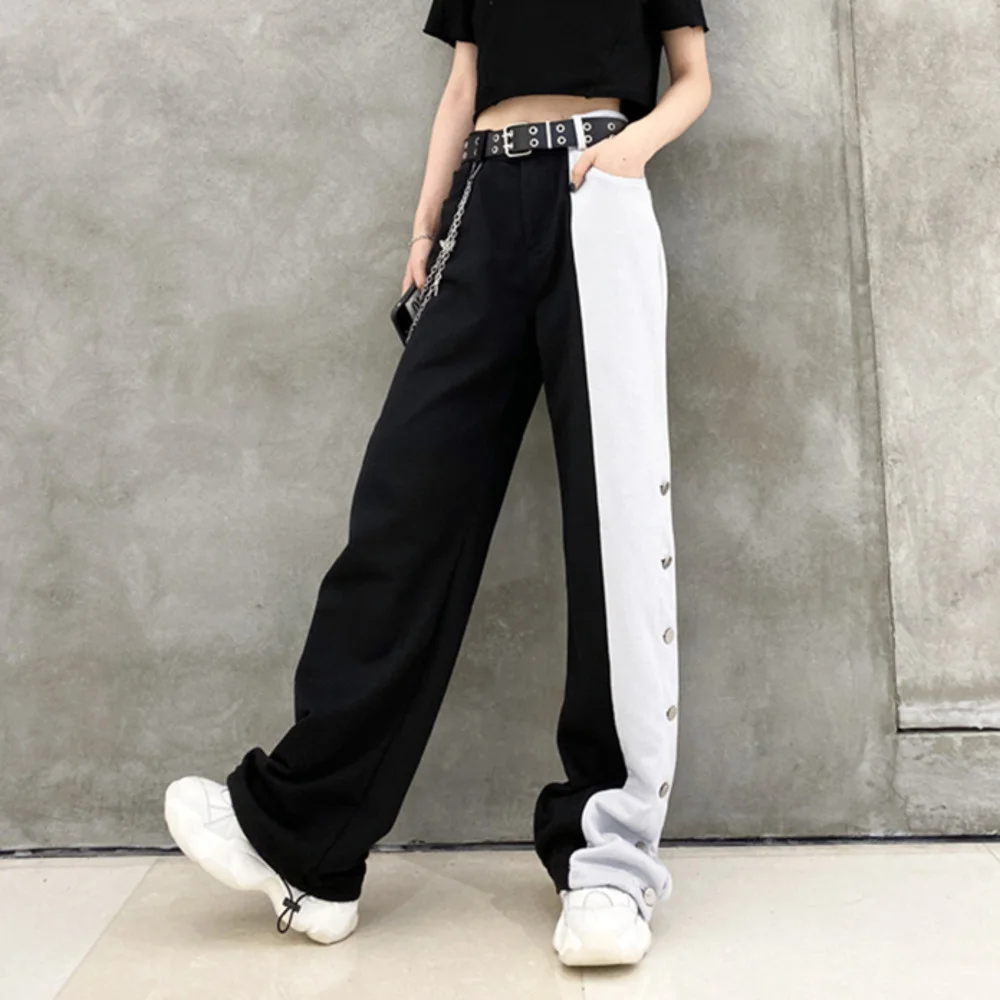 

Women Contrast Cargo Pants Female Fashion Button Elastic Waist Wide Leg Loose Trousers Ladies High Street Pant Streetwear